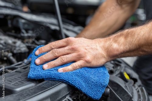 Close-up of a hand cleaning car engine