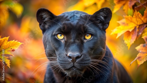 Majestic Black Panther Portrait: Autumn Leaves, Intense Gaze, Wildlife Photography