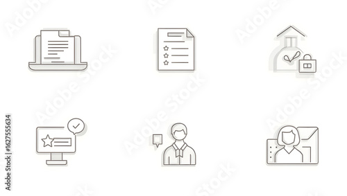 Business and technology line icon set for web and application design, representing digital documents, security, and support.