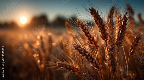 Golden wheat stalks at sunset, sunlit field