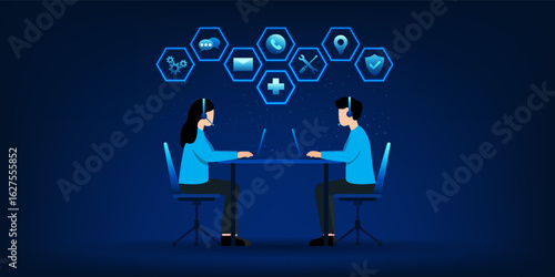 Customer support representative sitting at desk wearing headset, providing assistance via phone call. The concept represents professional call center service and remote technical or customer support