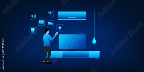 Smart home technology with IoT system. A man uses his smartphone to control home appliances such as lighting, air conditioning, and entertainment devices for a connected and intelligent living