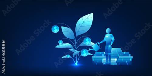AI robot watering a tree that grows money, symbolizing smart investment with artificial intelligence, data-driven decision making, and financial return optimization
