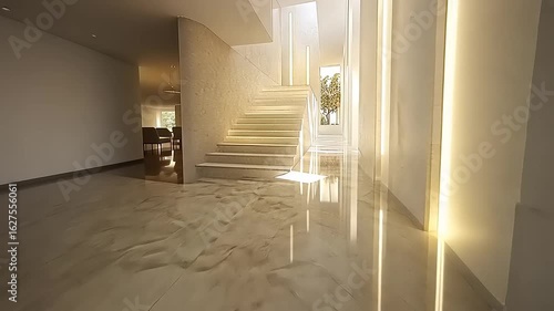 Elegant home foyer showcasing modern architecture with staircase and illuminated details