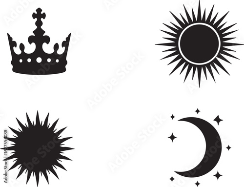 Black silhouette crown sun and crescent moon with stars on white background vector illustration