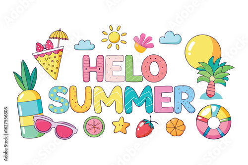 Colorful 'HELLO SUMMER' Illustration with Fun Summer Element
