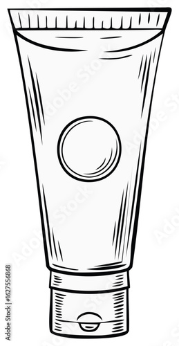 Hand-drawn illustration of a squeeze tube with a flip-top cap and circular label