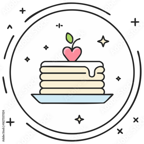 Sweet breakfast pancake stack with a heart shaped cherry topping cute doodle style vector icon illustration