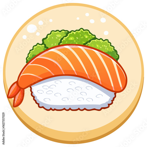Colorful sushi nigiri icon with salmon on rice and salad garnish on plate