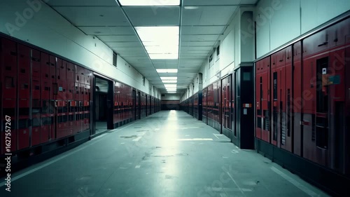 Empty high school or middle school hallway with red lockers and polished floors, 3D rendering of a bright and organized academic space
