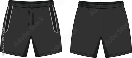 Men's black drawstring shorts with side piping design, front and back view, casual athletic sportswear fashion vector flat illustration
