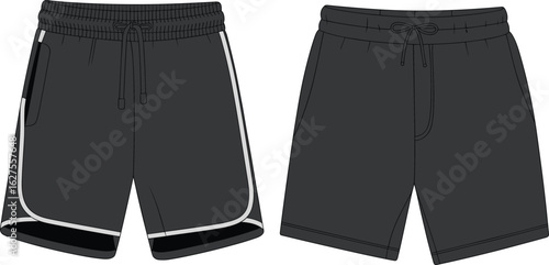 Men's sports shorts with contrast piping, front and back view, athletic gymwear design, drawstring waist and zip pocket illustration