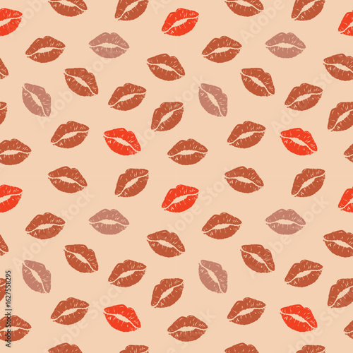 Brown and red lips scattered on beige form a romantic repeat pattern ideal for stylish print designs