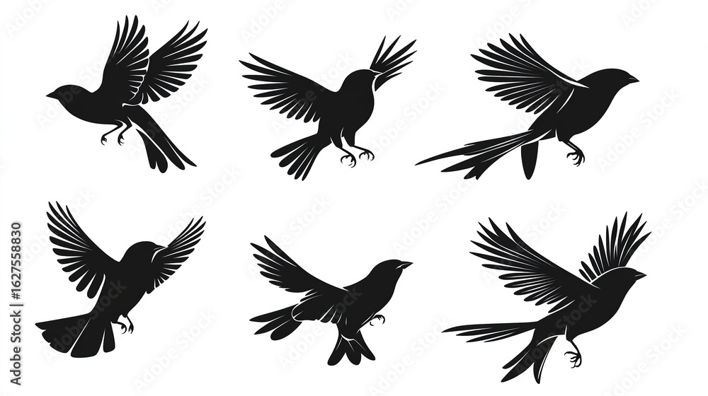 Obraz premium Set of Black Bird Silhouettes in Flight for Design Projects 