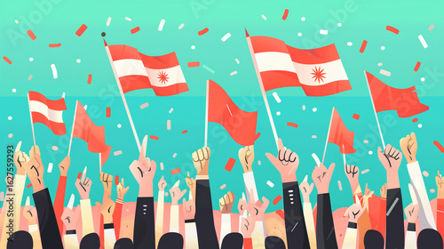 Vector Illustration on the theme indonesian Independence Day. Hands with indonesian flags