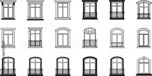Collection of Architectural Window Designs in Black and White Line Art Style Keywords: window, architectural, design, building, facade, exterior, classic, modern, balcony, arch, frame, silhouette