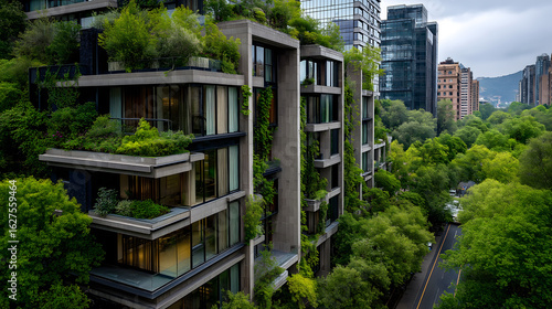 Vertical Forest Skyscraper - Futuristic Green Architecture with Lush Balcony Gardens and Tree-Covered Facades