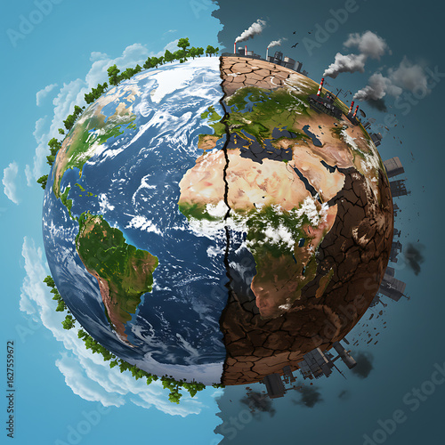 Fototapeta Naklejka Na Ścianę i Meble -  Conceptual illustration of planet Earth divided between a lush, healthy environment and a dry, polluted industrial landscape.
