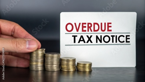 higher taxes Overdue tax notice with coins stacked, indicating financial obligation.