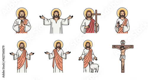 Illustrative depictions of a central religious figure multiple poses vector graphic