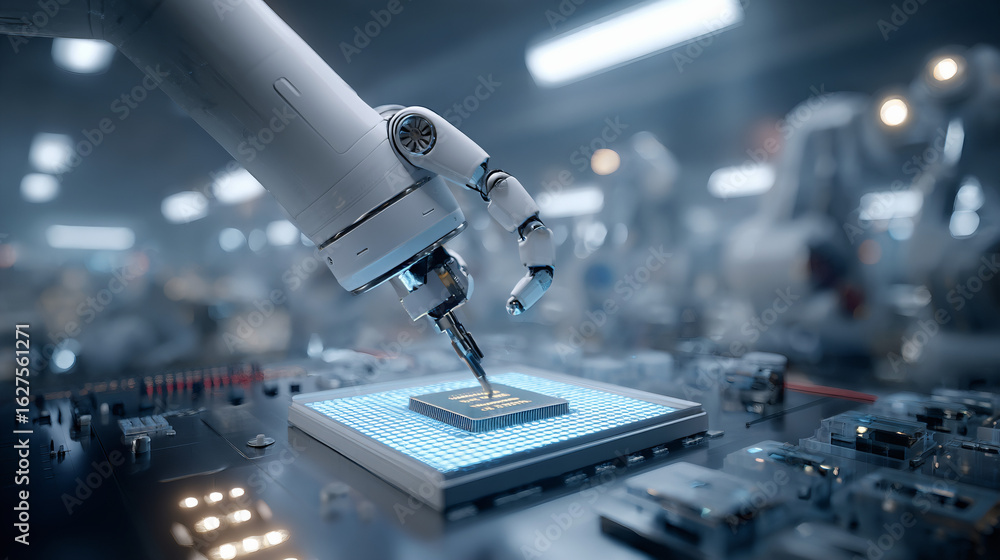 Fototapeta premium Medium View of a Robotic Arm Testing an AI Chip on a Glowing Table
