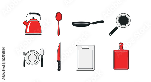 Kitchen utensils illustration kettle spoon pan plate knife cutting board collection