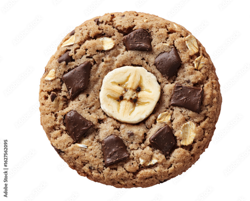 Delicious homemade oatmeal cookie with banana slice and dark chocolate chips isolated transparent background Delicious homemade oatmeal cookie with banana slice and dark chocolate chips isolated transparent background