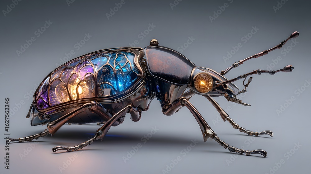 Fototapeta premium Intricate steampunk mechanical beetle with glowing eyes and colorful interior