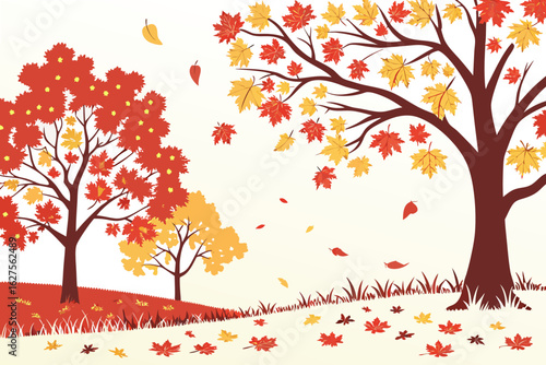 Autumnal landscape featuring trees with red and yellow leaves and fallen foliage on the ground scene view