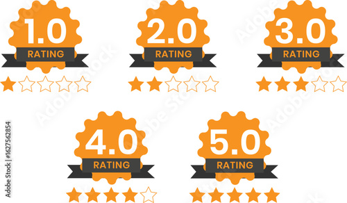 Set of one to five star rating various style. yellow rating labels, different star fill levels, customer satisfaction icons, user review elements, feedback ranking symbols on transparent background 