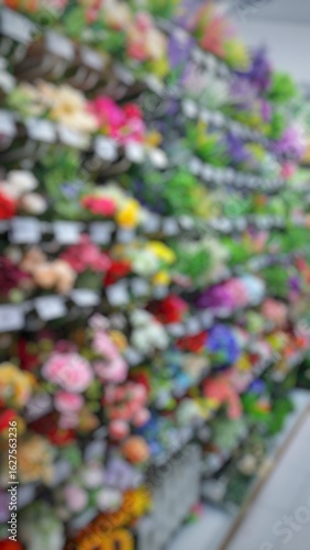 This is a blurred, out-of-focus photograph of a wall of colorful artificial flowers on display in a store. 