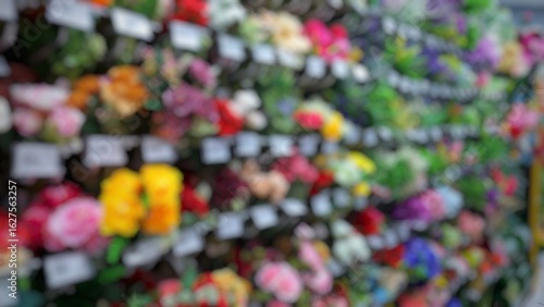 This is a blurred, out-of-focus photograph of a wall of colorful artificial flowers on display in a store. 