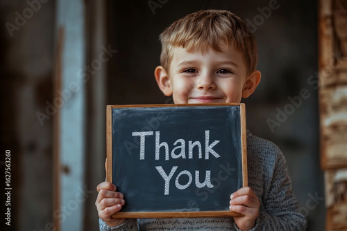 Happy little boy holding a chalkboard with Thank You message