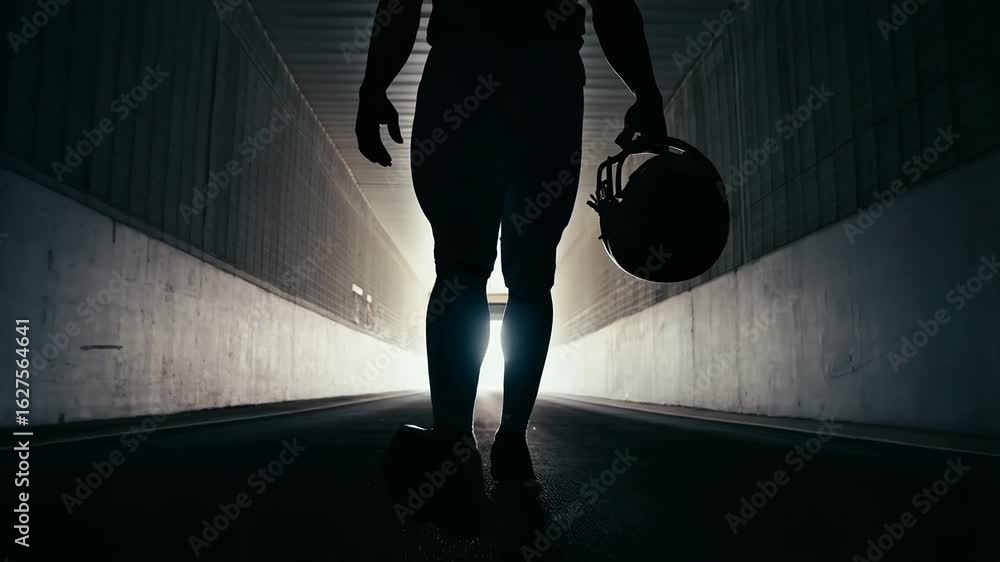 American football player walking through stadium tunnel with helmet in hand, silhouette of athlete entering field from locker room with determination, motivation and mental focus before game