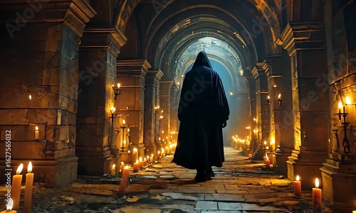 Mysterious Hooded Figure Walking Through a Dimly Lit Stone Corridor Lined with Burning Candles Creates A Dark And Eerie Atmosphere Of Mystery