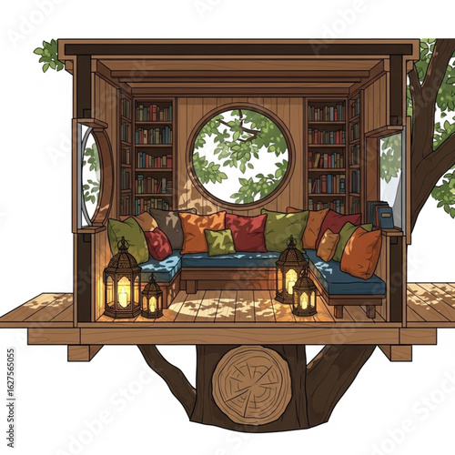Cozy treehouse interior with bookshelves, cushions, lanterns, and a round window overlooking green foliage.