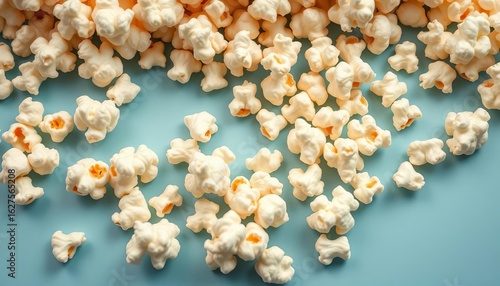 Fluffy popcorn kernels scattered on a light blue background, ample copy space,   popcorn background,  snack