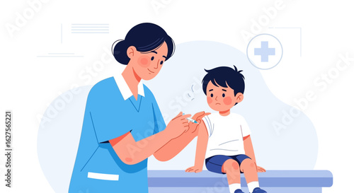 A nurse administering a vaccine to a young boy sitting on a bench in a medical setting.
