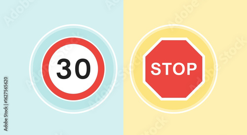 Simple graphic design featuring a speed limit and stop sign.