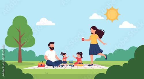 Happy family enjoying a sunny picnic in a park, parents with two young daughters sharing a meal outdoors.