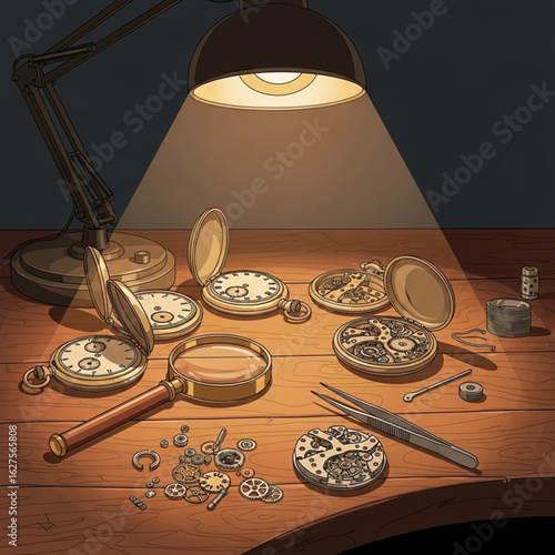A vintage watchmaker's workbench, illuminated by a lamp, filled with disassembled watches and tools.