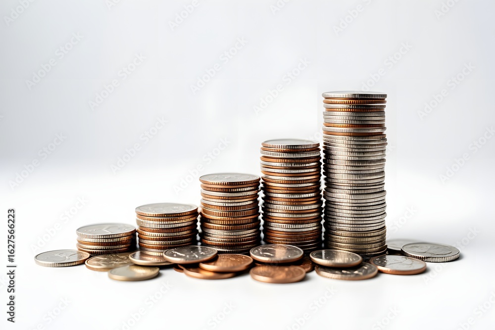money coins arranged as a graph on white background money coins arranged as a graph on white background