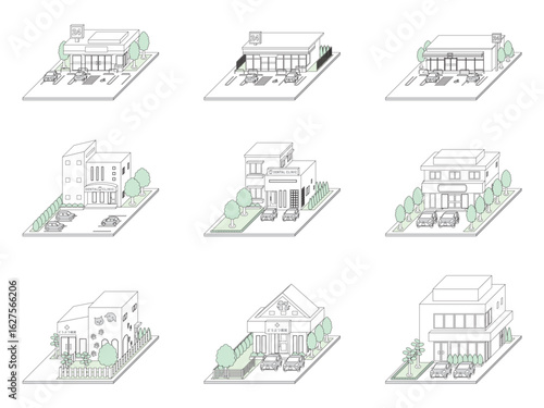 建物の立体的なイラスト. 線画.