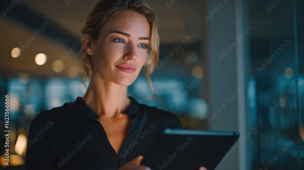 Fototapeta premium medium shot, confident business professional reviewing ESG report on tablet in a modern office, soft diffused lighting, authentic and focused expression, sustainable practices theme, cinematic