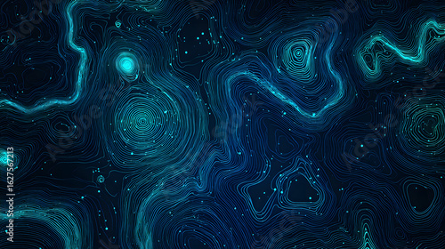 Abstract tech schematic with glowing white and cyan lines in a digital topographic style