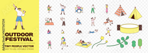 Outdoor Festival Tiny People Vector Set – Camping, Music, Picnic, Leisure Activities