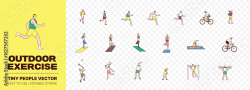 Outdoor Exercise Tiny People Vector Set – Running, Yoga, Cycling, Fitness, Healthy Lifestyle