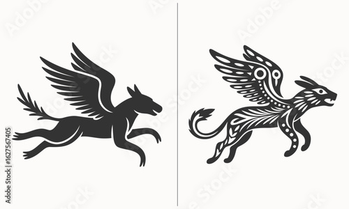 Flying Mythical Creatures, Winged Dog and Winged Cat Designs, Fantasy Art with Intricate Patterns and Magical Symbolism, Creative Illustrations of Mythological Beasts