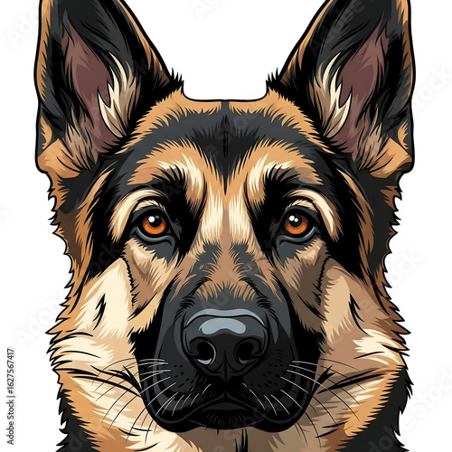 Closeup portrait of a german shepherd dog face, isolated on white background