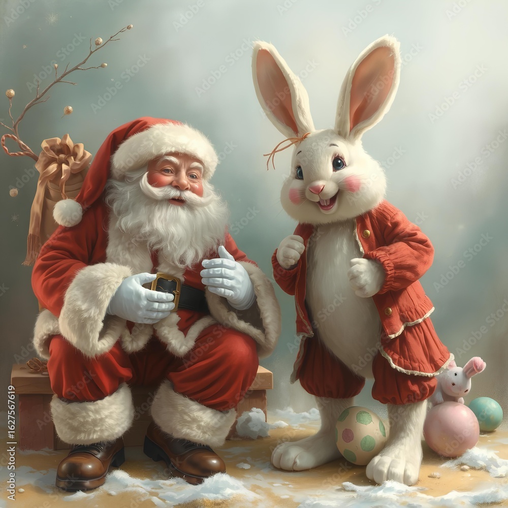 Fototapeta premium Santa Claus and the Easter Bunny - Happy New Year and Easter